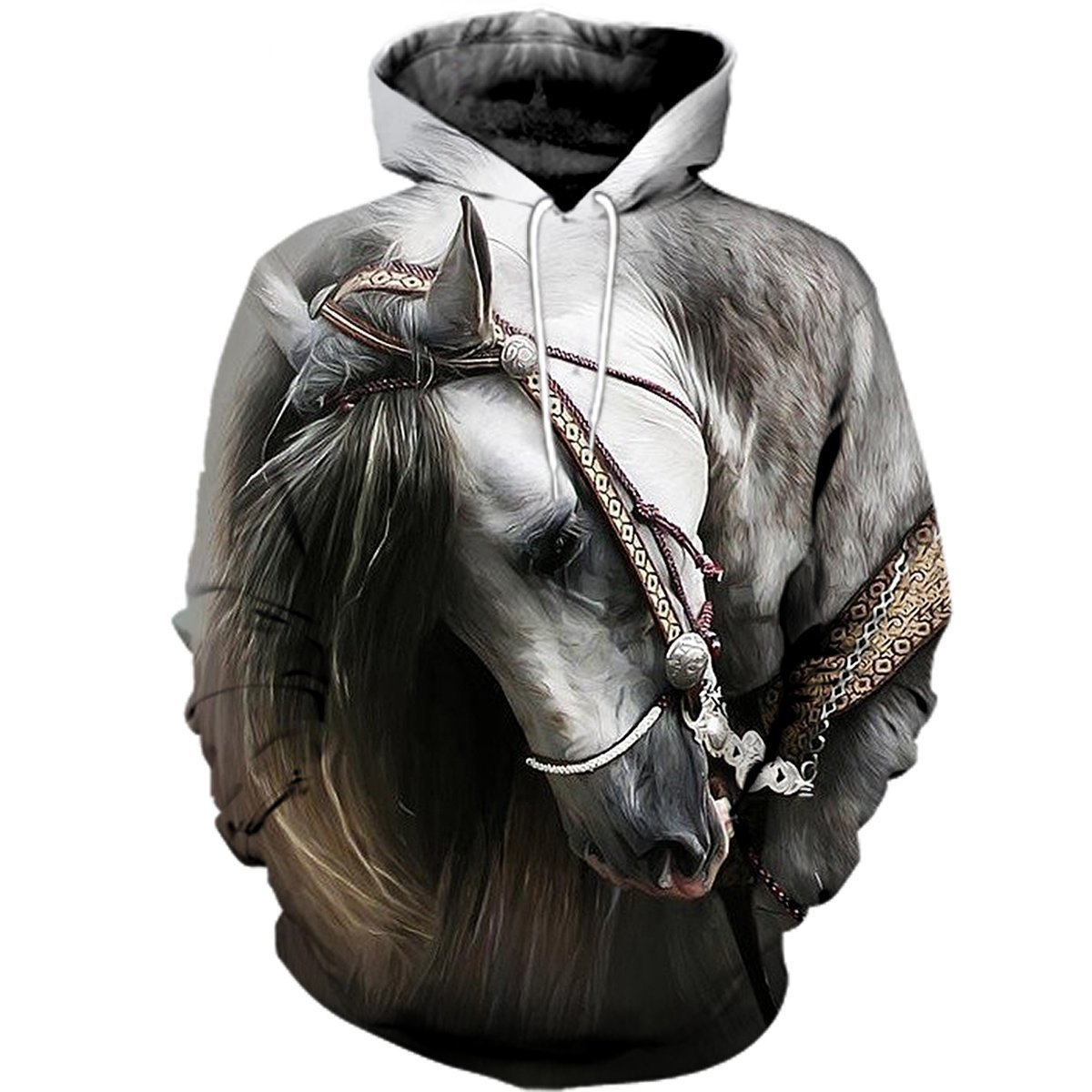 Sweat à capuche all-over cheval anglo-arabe gris pommelé portrait équin licol traditionnel