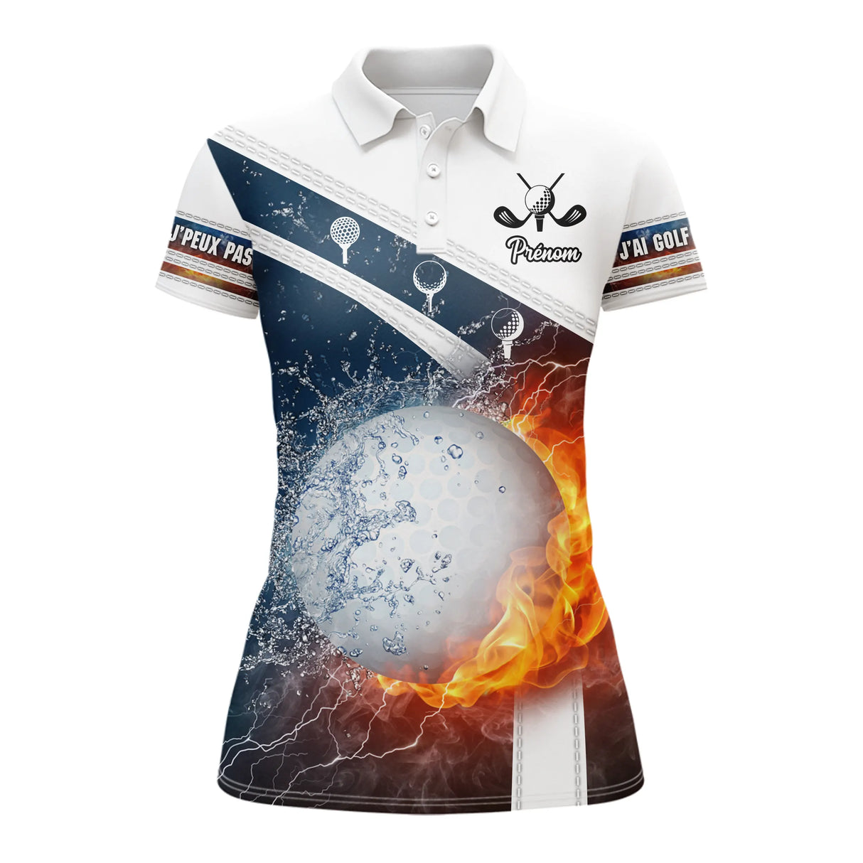 Polo golf blanc femme avec balle enflammée et inscription humour golf, prénom personnalisé