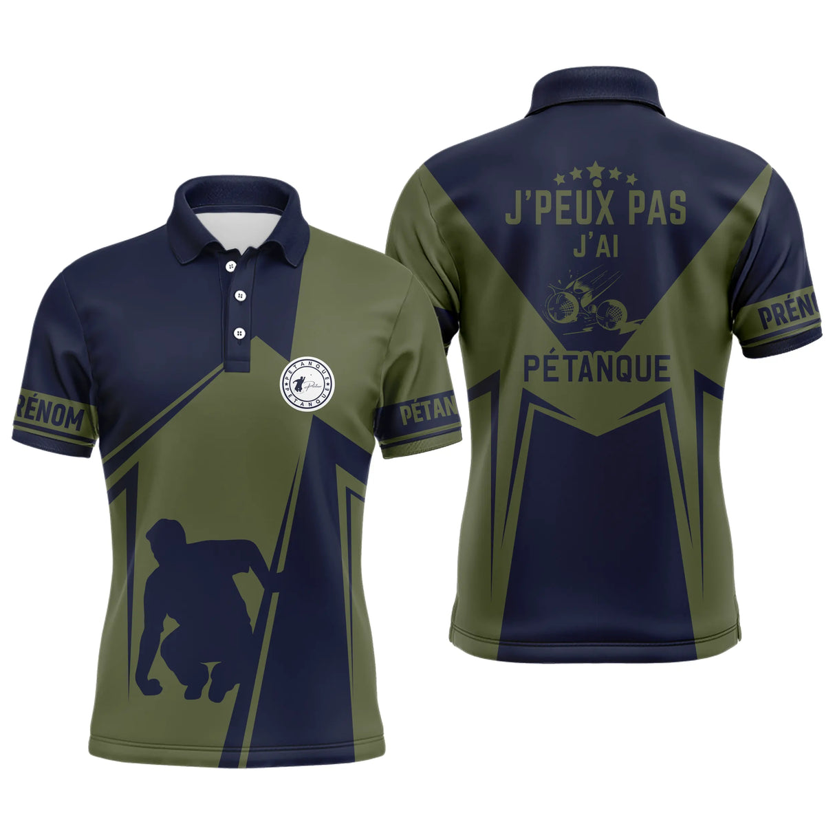Polo pétanque bleu marine et vert kaki silhouette pointeur en pointage logo bouliste message j'peux pas j'ai pétanque PRÉNOM