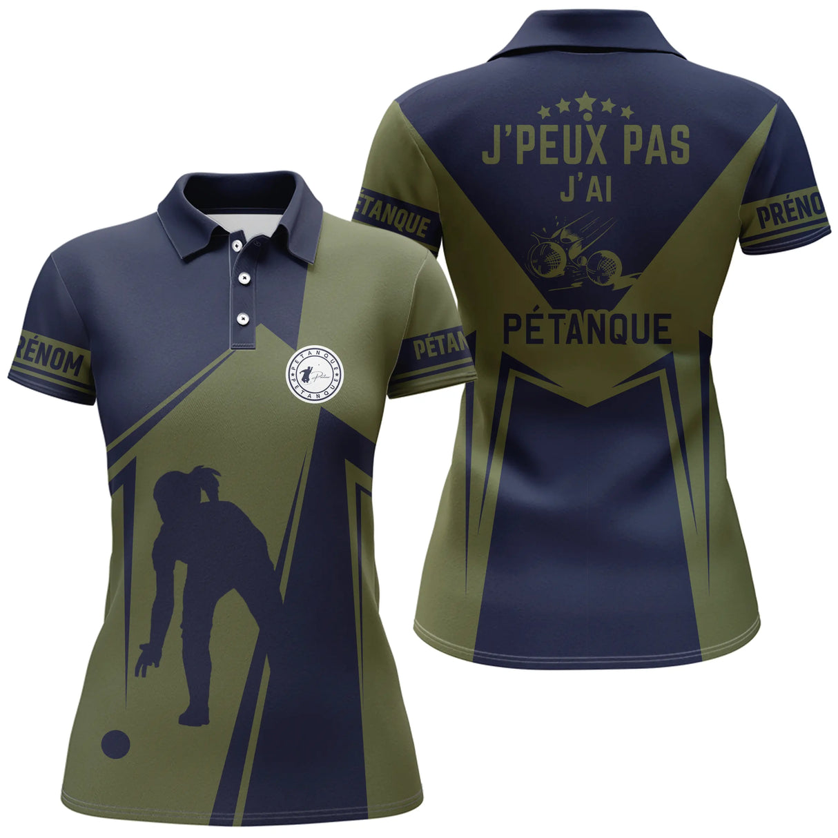 Polo pétanque bleu marine vert kaki vue dos silhouette pointeur message j'peux pas pétanque logo bouliste