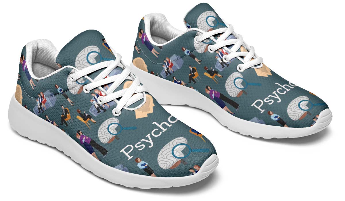 Baskets basses bleu nuit motif psychologie croissant lune visage stylisé lettrage psycho, vue profil droit