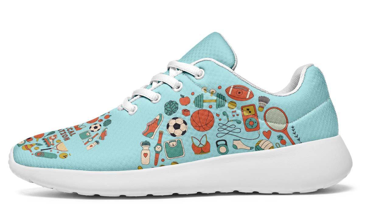 Baskets basses unisexe turquoise avec icônes de sports variés football tennis basketball pour professeur de sport