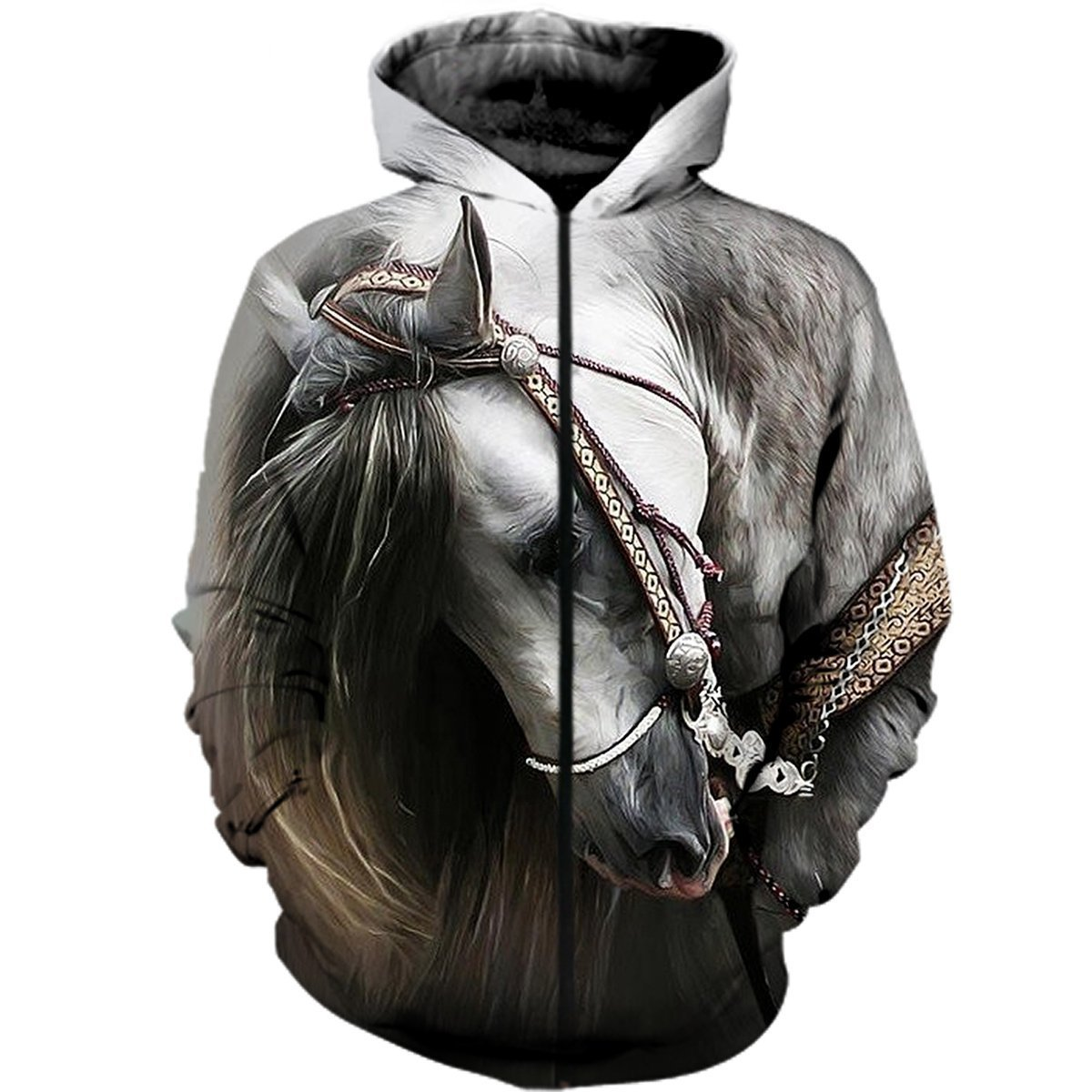 Sweat à capuche zippé all-over cheval anglo-arabe gris portrait photoréaliste équin