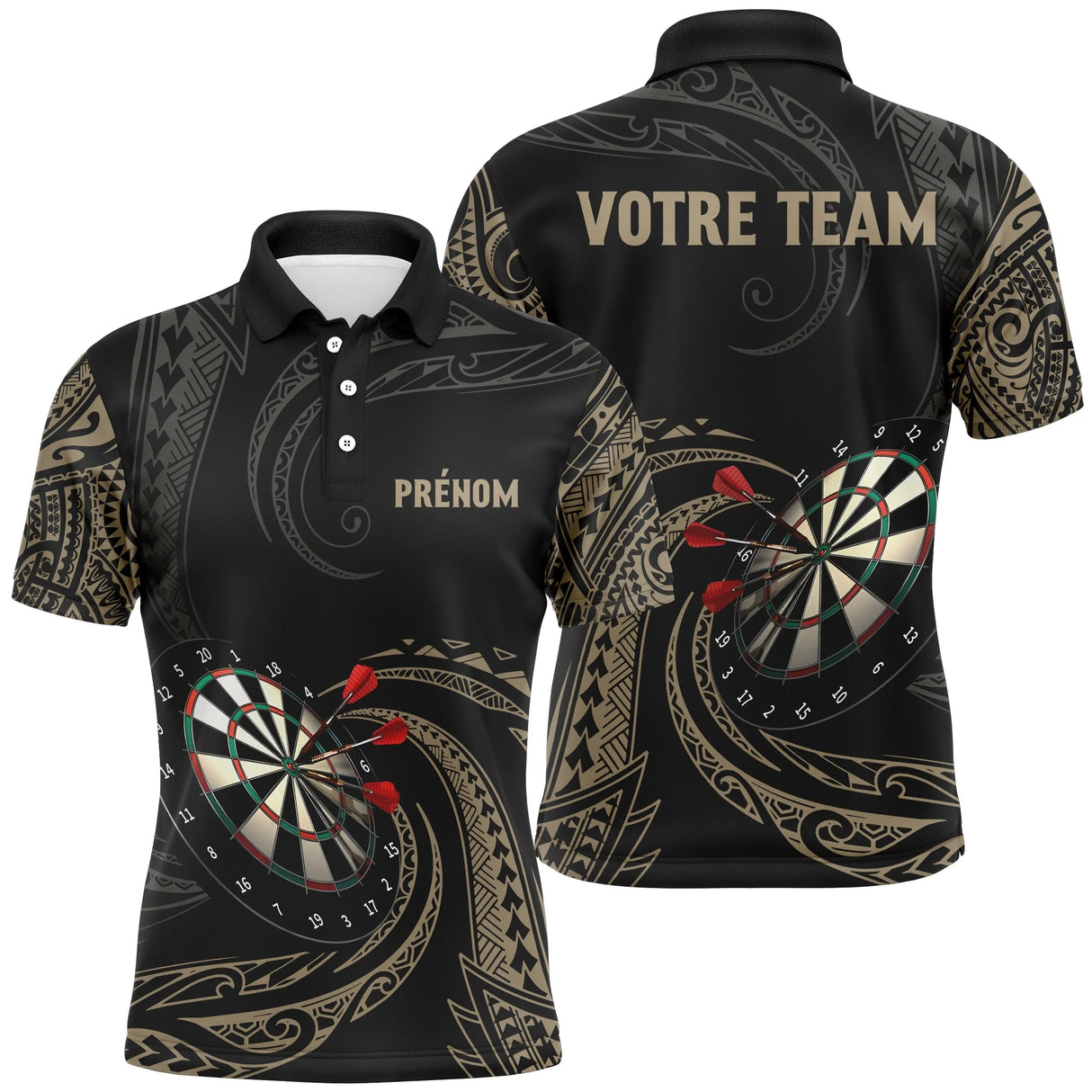 Polo fléchettes noir et or homme avec motifs tribaux maoris et cibles dartboard, prénom et équipe personnalisés