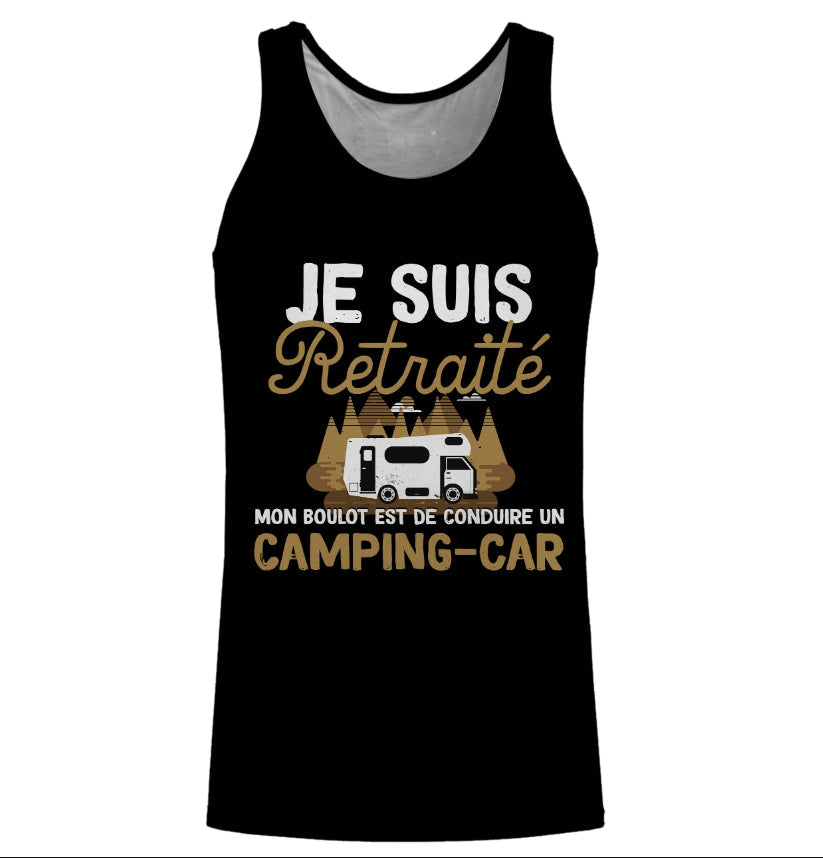 T-shirt cadeau pot de départ retraite noir typographie vintage dorée camping-car illustration baroudeur humour