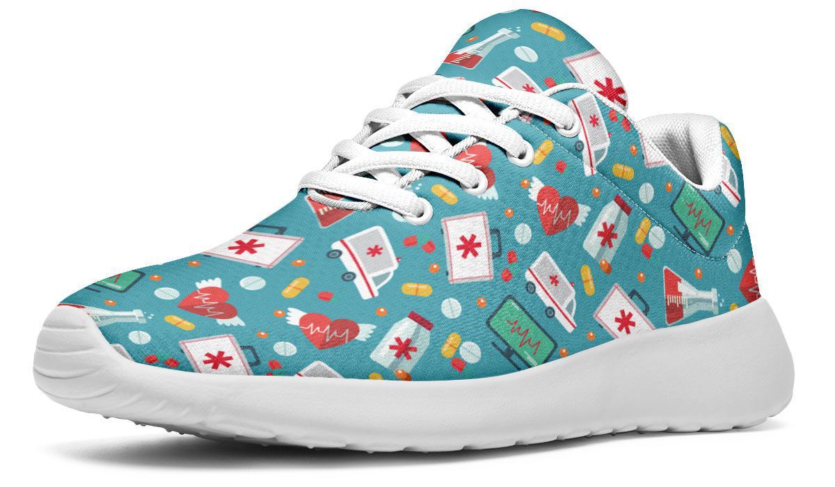 Baskets infirmière turquoise illustrations santé all-over lacets blancs, vue trois quarts arrière