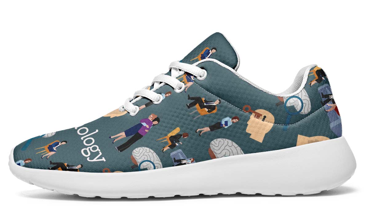 Baskets psy bleu profond illustrations psychanalyse all-over, paire vue de face semelle blanche