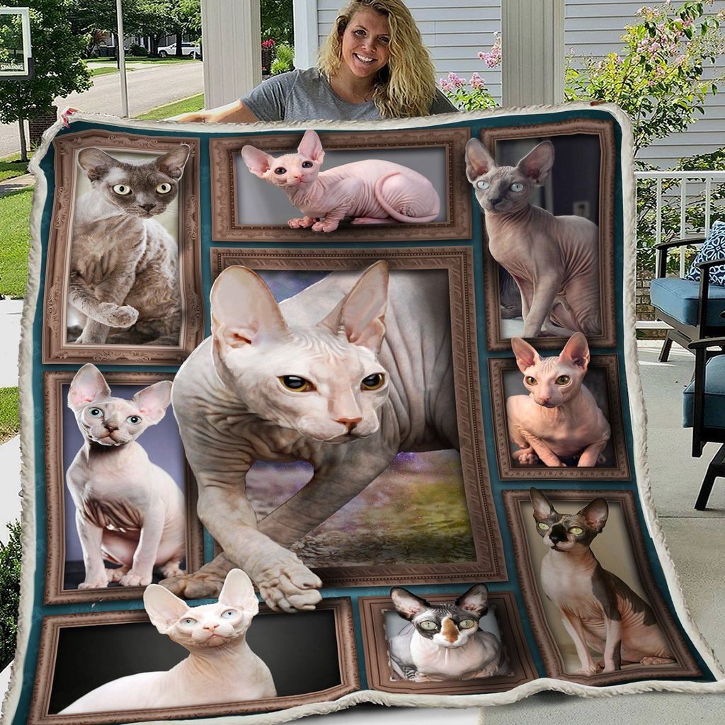 Plaid sphynx mosaïque portraits chats sans poils peau rose grise, format canapé deux places