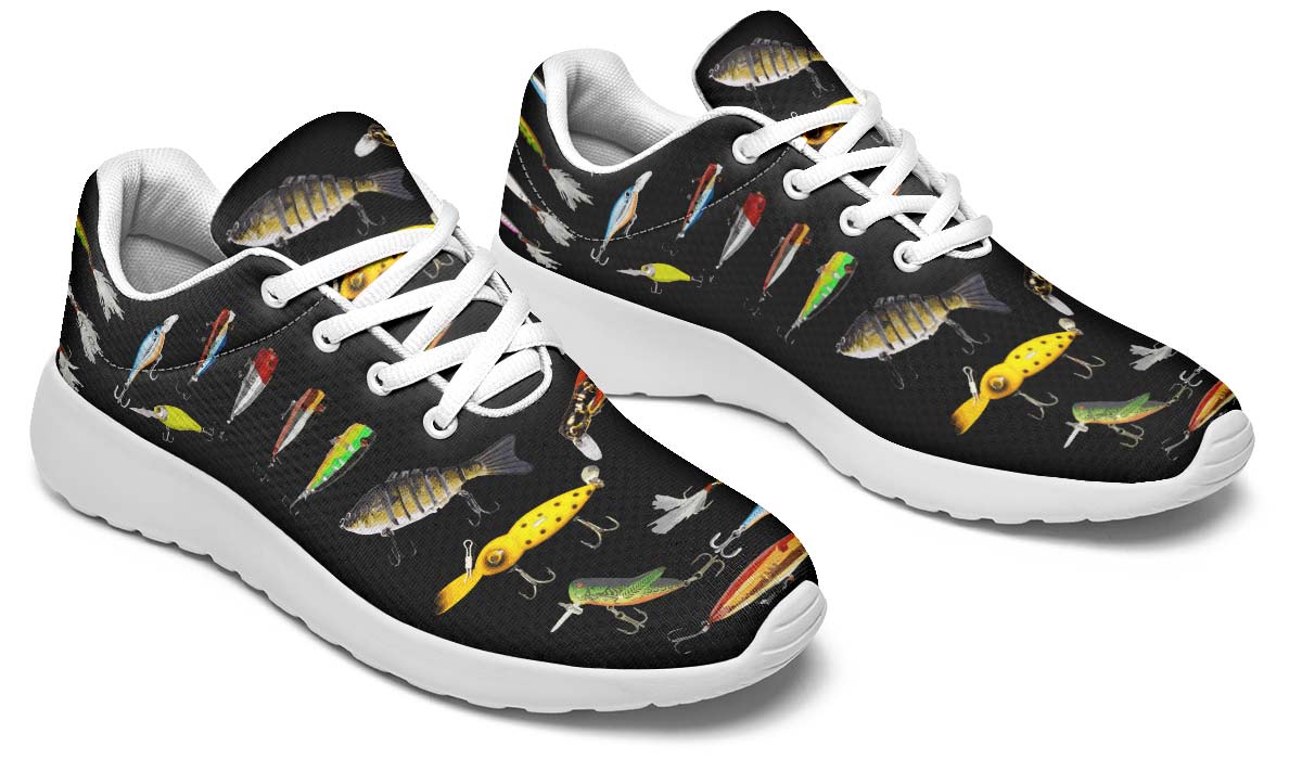 Baskets coloris blanc motif leurres pêche photoréalistes streamer shad, paire vue dessus