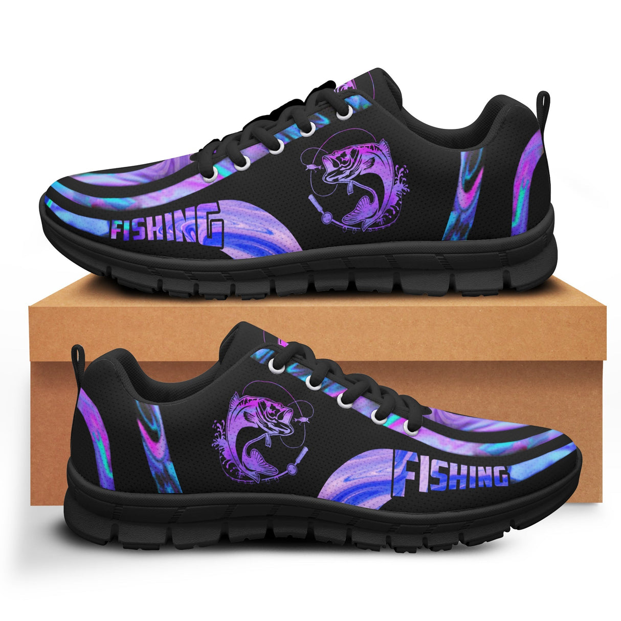Baskets basses pêche crapet tatouage holographique violet bleu nuit lettrage FISHING néon, vue de face boîte