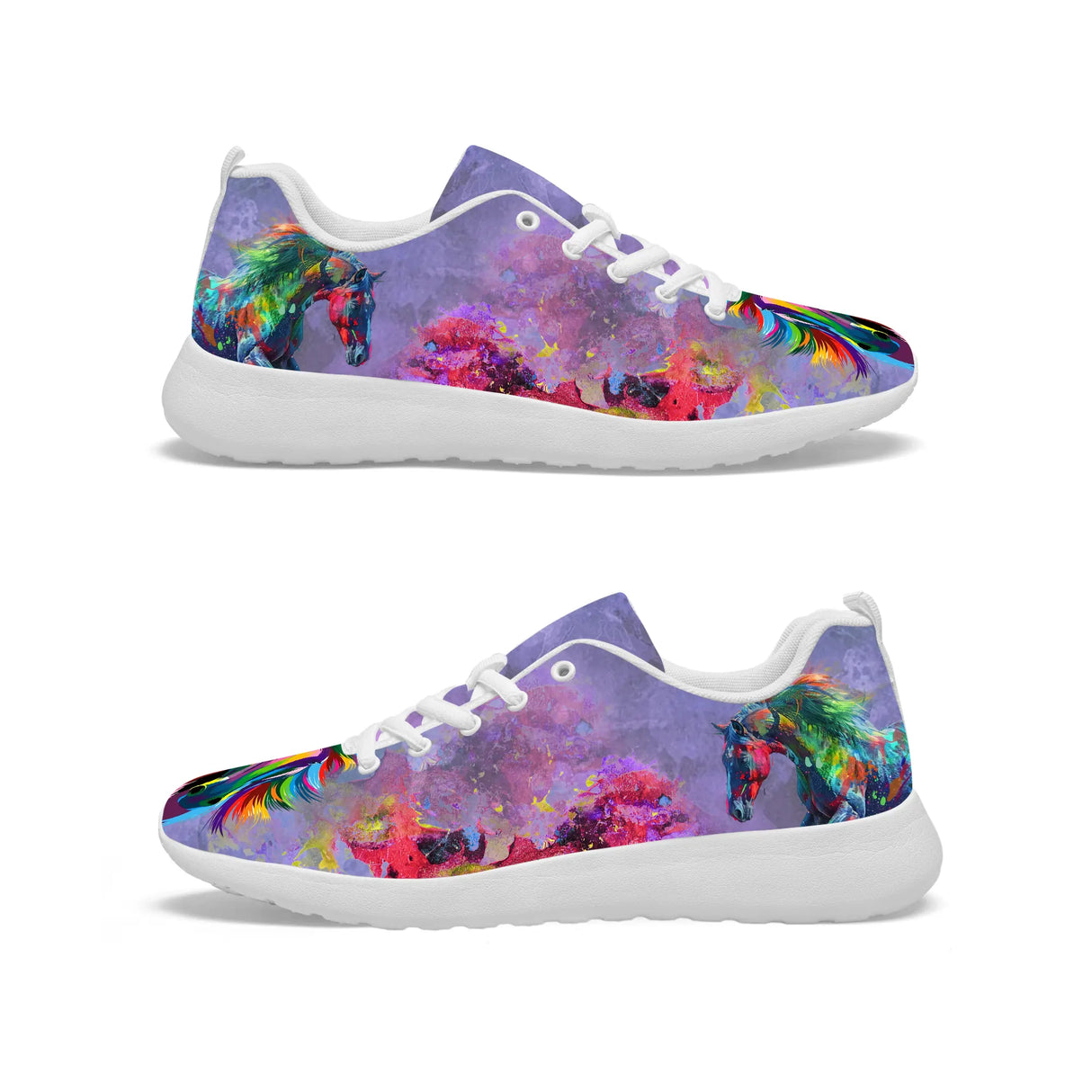 Baskets basses violet cheval multicolore aquarelle crins arc-en-ciel, vue profil droit semelle blanche