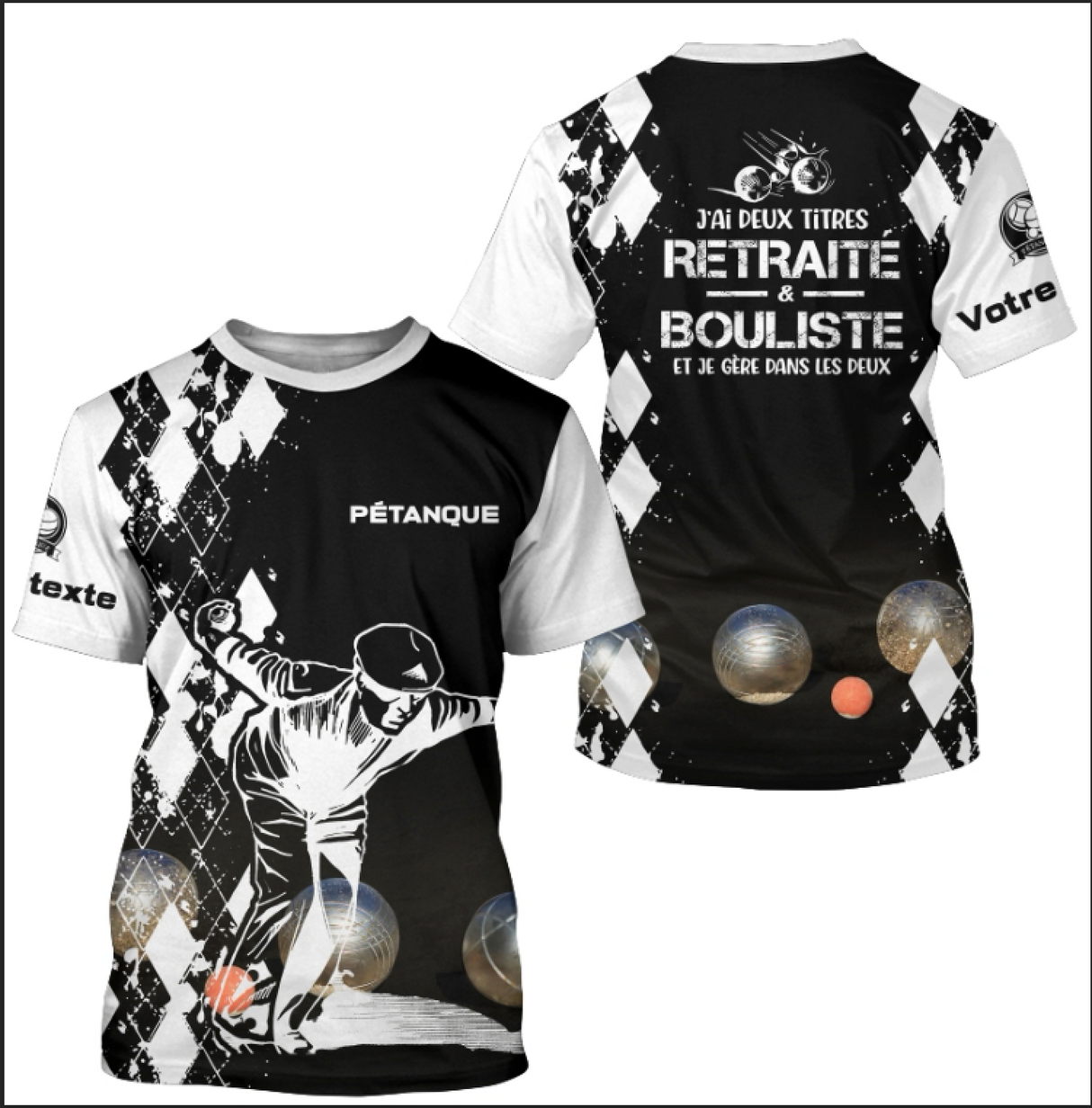 T-shirt pétanque sable beige détail boules réalistes silhouette joueur lancer damier élégant