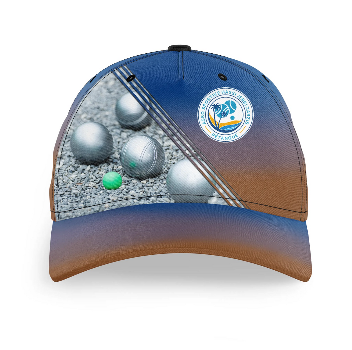 Casquette pétanque bleue orange logo brodé devant boules sol gravillonné prénom côté bouliste personnalisée