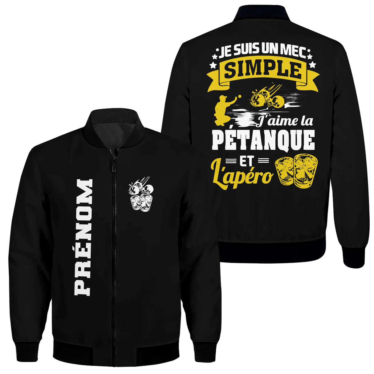 Veste bomber pétanque variante avec écusson PRÉNOM doré, prénom personnalisé