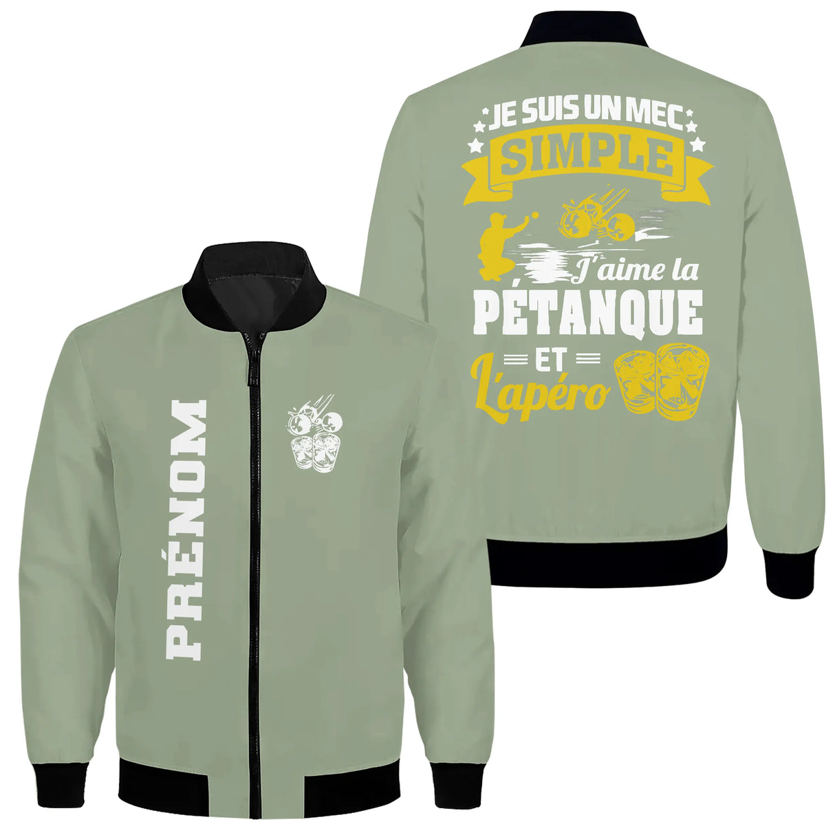 Veste bomber pétanque marine variante avec inscription apéro pétanque, prénom personnalisé