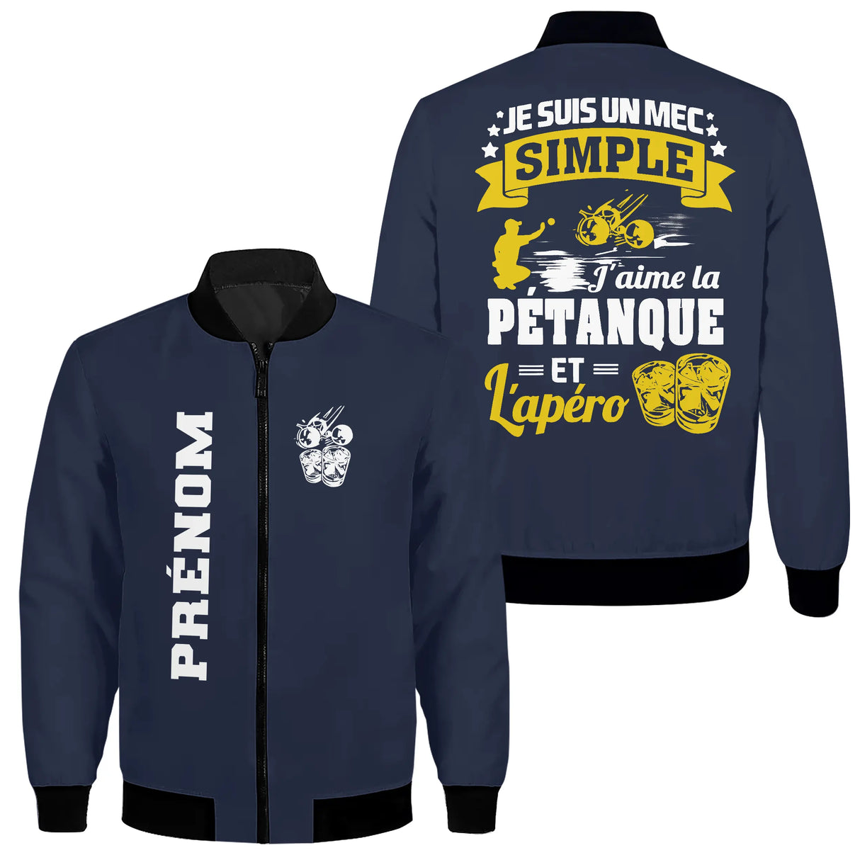 Veste bomber pétanque bleu marine homme avec slogan Mec simple j'aime pétanque et apéro, prénom personnalisé