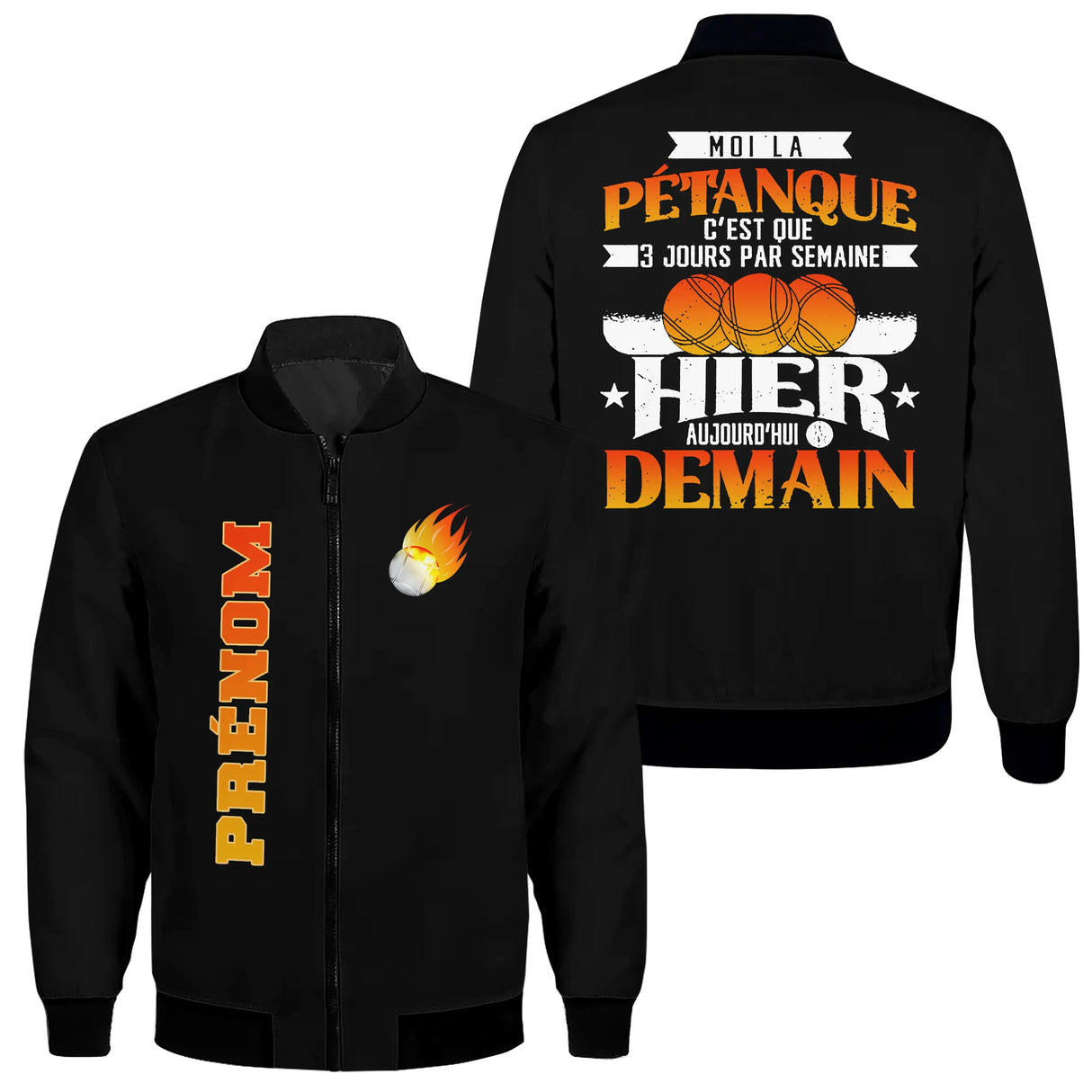 Veste pétanque bomber bleu marine variante design boules orange flammes humour passionné bouliste