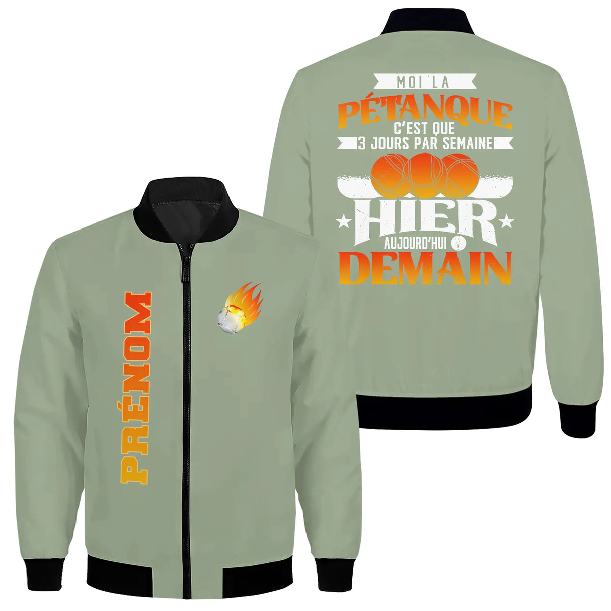 Veste pétanque bomber bleu marine vue dos message moi la pétanque 8 jours boules ardentes orange