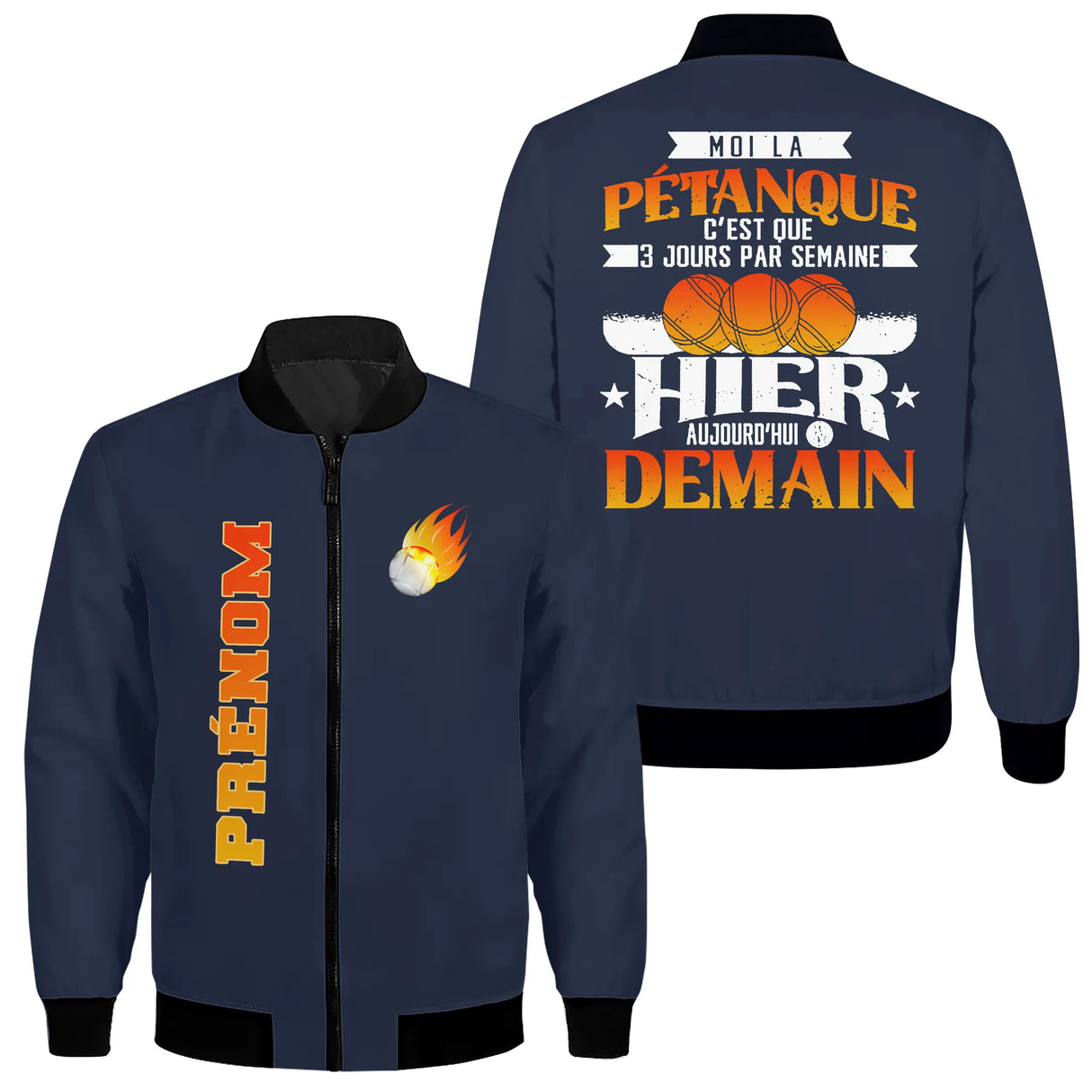 Veste pétanque bomber bleu marine vue avant fermeture éclair PRÉNOM manche logo torse personnalisable
