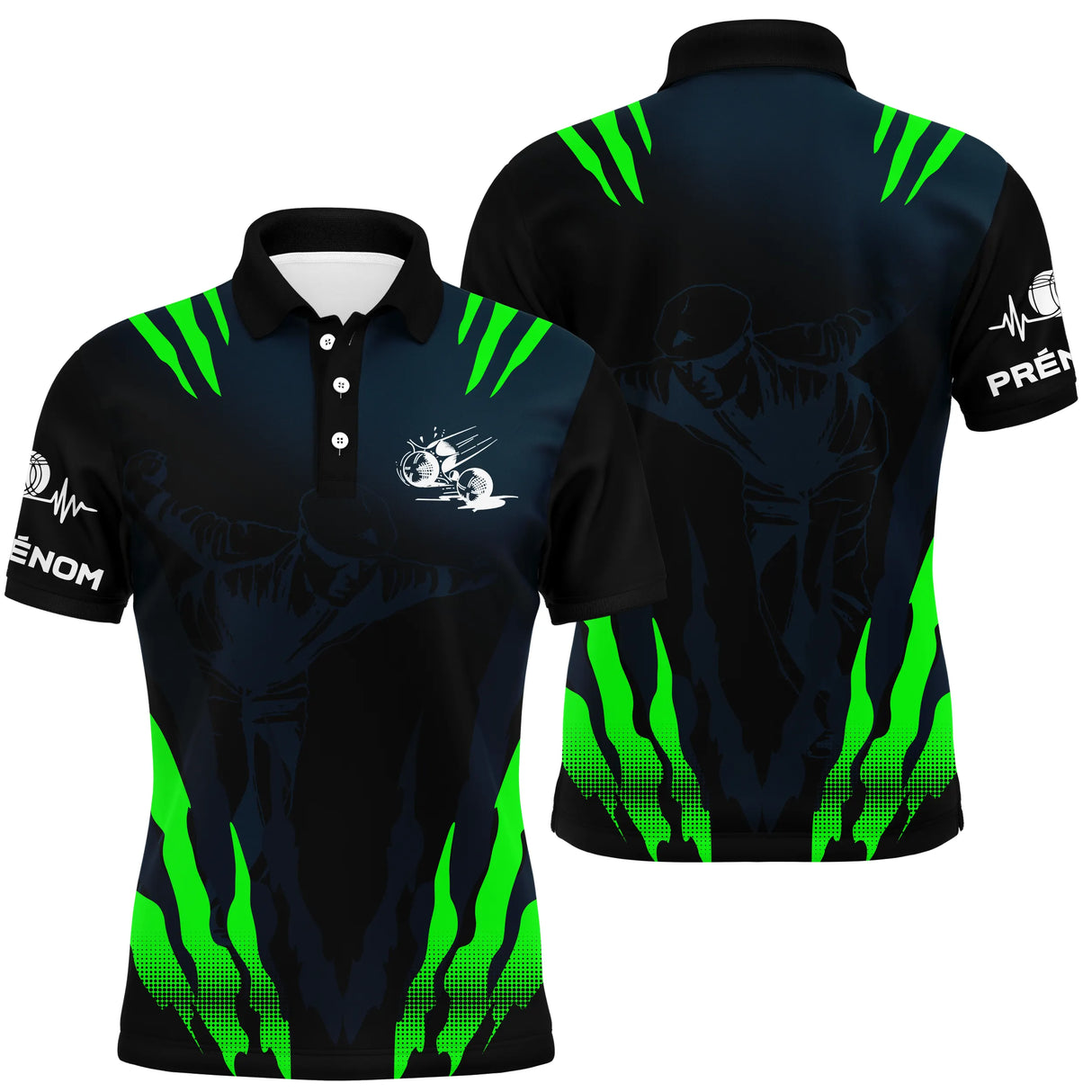 Polo pétanque Femme noir et vert avec griffes graphiques silhouette de joueur et prénom