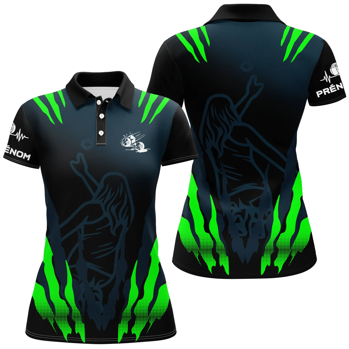 Polo pétanque Homme noir et vert design griffes avec joueur stylisé et nom amicale au dos