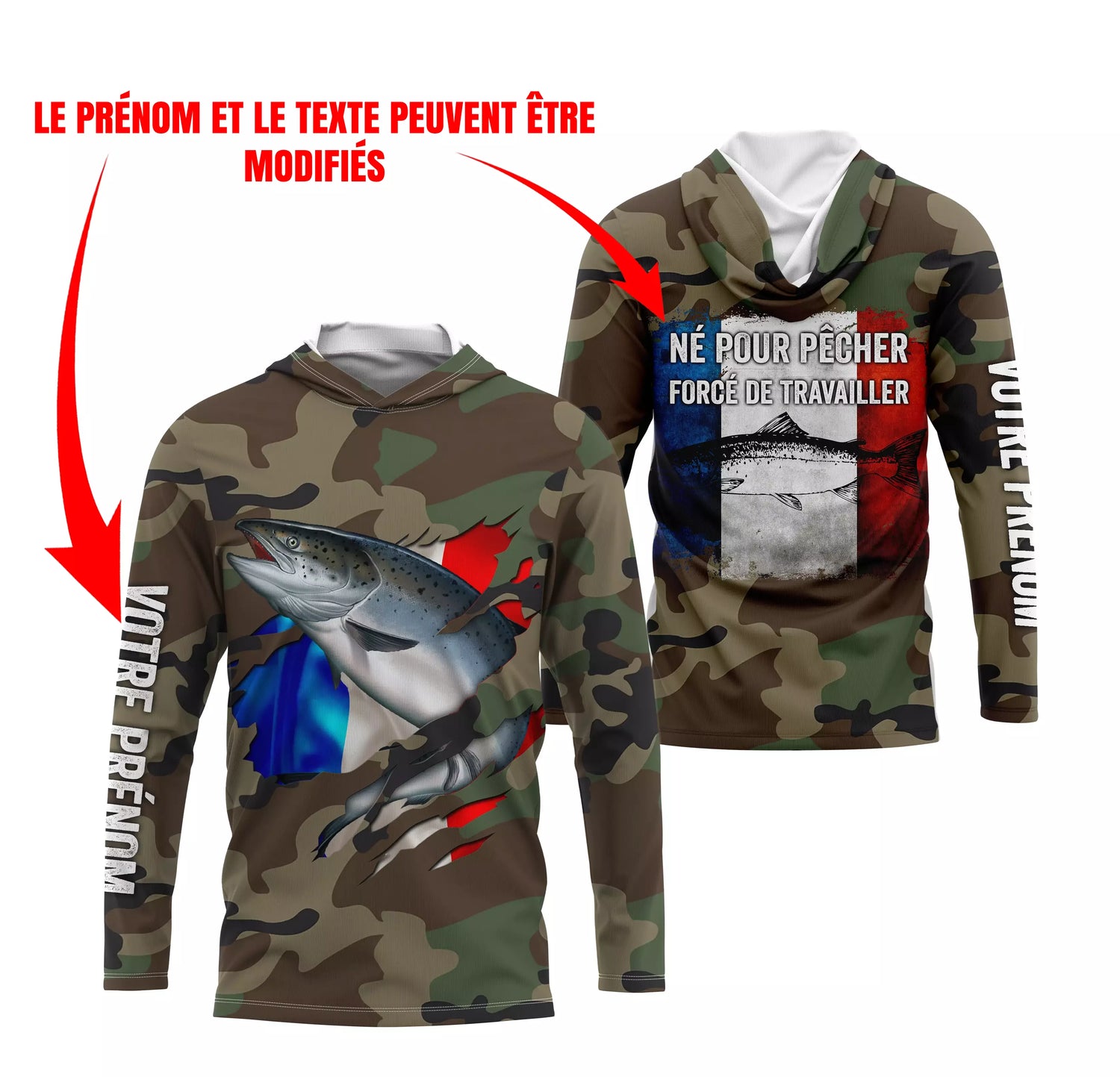 Pêche Au Saumon, Cadeau Original Pêcheur, Camouflage, Drapeau de la France, Cadeau Personnalisé, Né Pour Pêcher Forcé de Travailler - CTS25042229 Anti Uv T-shirt à Capuche
