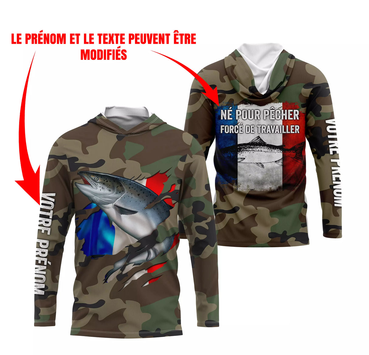 Maillot UV à capuche pêche saumon all-over camouflage forêt motif saumon drapeau France Né pour pêcher prénom personnalisé