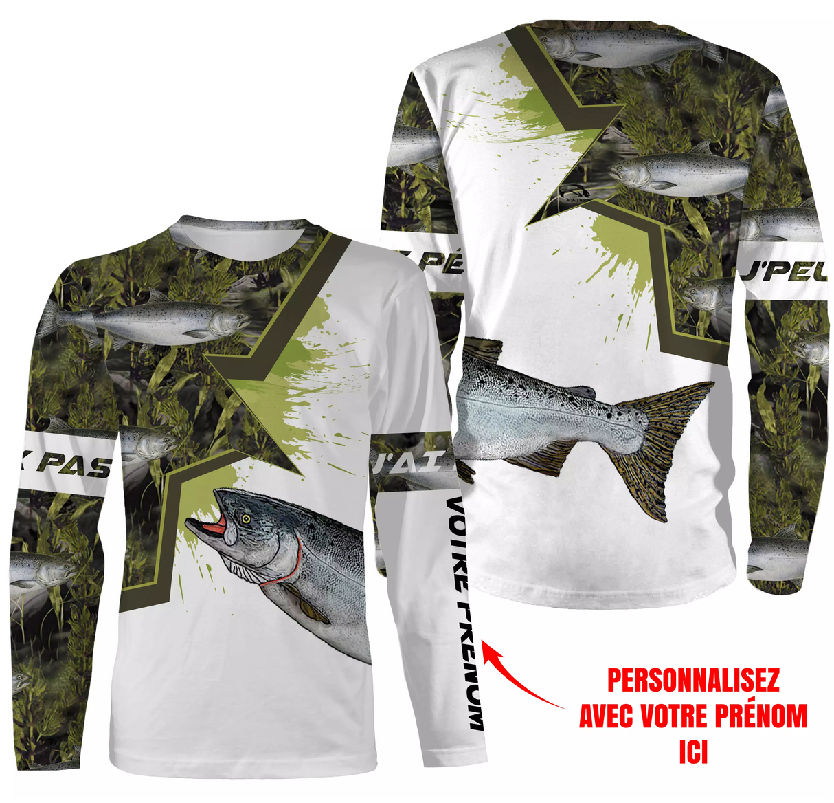 T-shirt all-over pêche saumon camouflage marais vert et brun motif saumon atlantique argenté bleuté prénom personnalisé