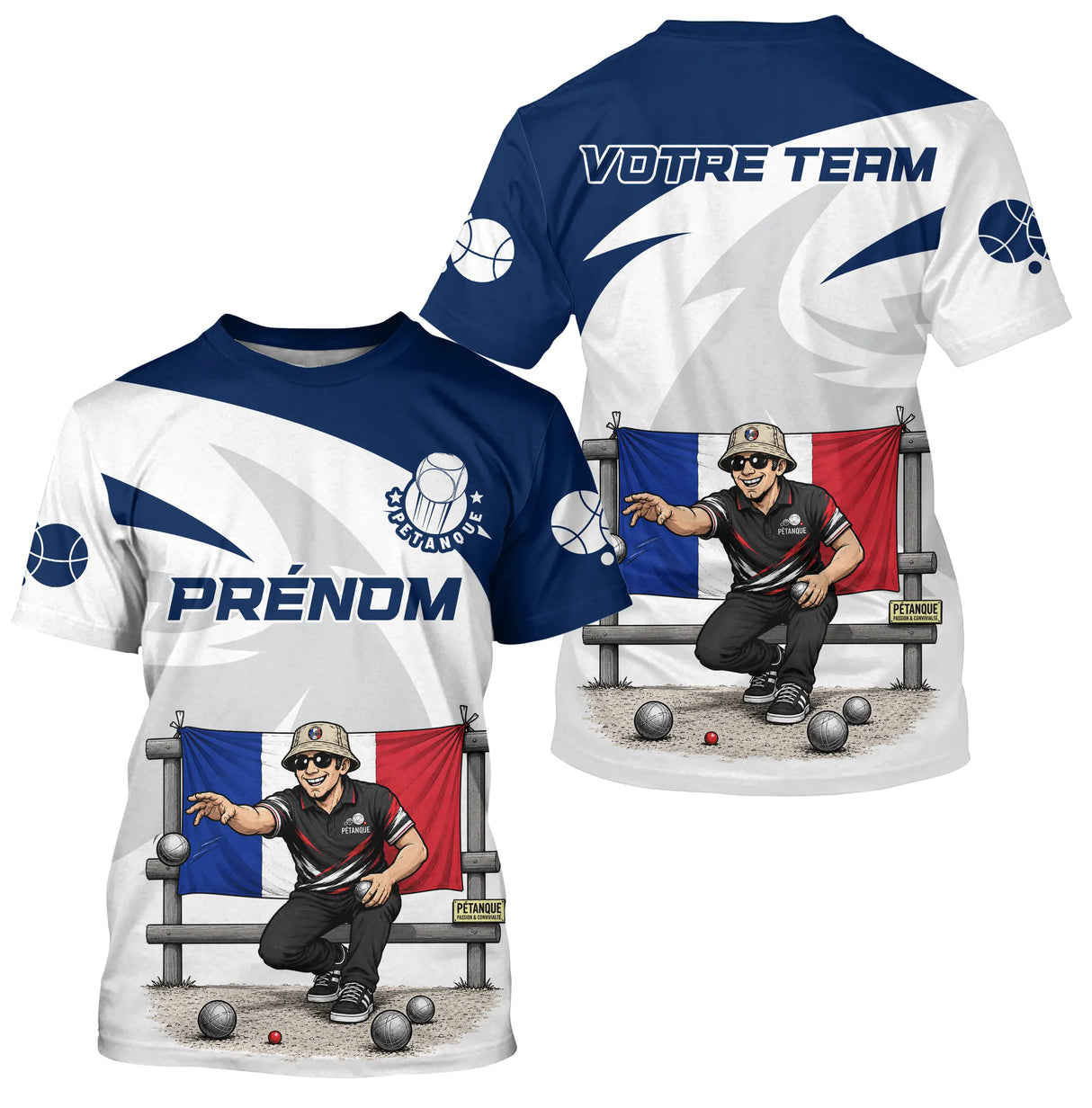 Polo Pétanque Française Personnalisé - Prénom Équipe Bleu