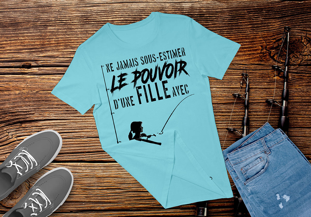 T-shirt manches longues femme humour pêche lettrage noir silhouette pêcheuse