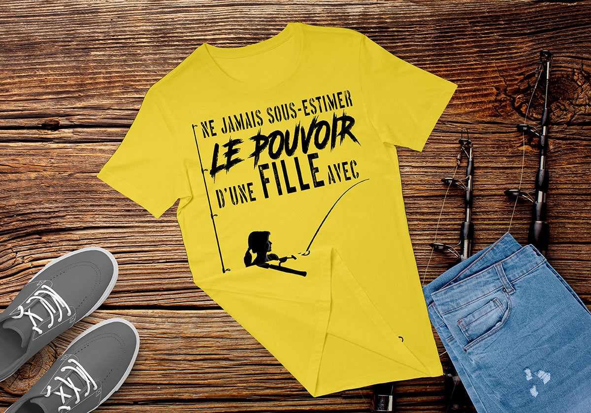 T-shirt bleu pâle femme humour pêche silhouette pêcheuse, vue dos