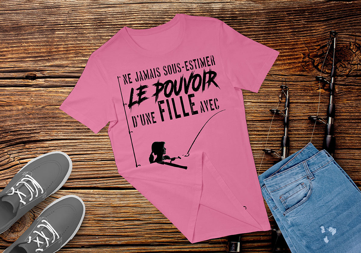 Sweat humour pêche femme silhouette pêcheuse lettrage noir vue de face
