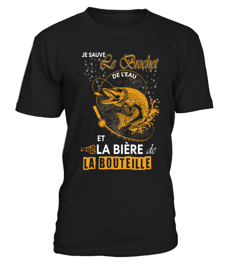 T-shirt noir humour pêche brochet Je sauve le brochet et la bière de la bouteille lettrage doré silhouette