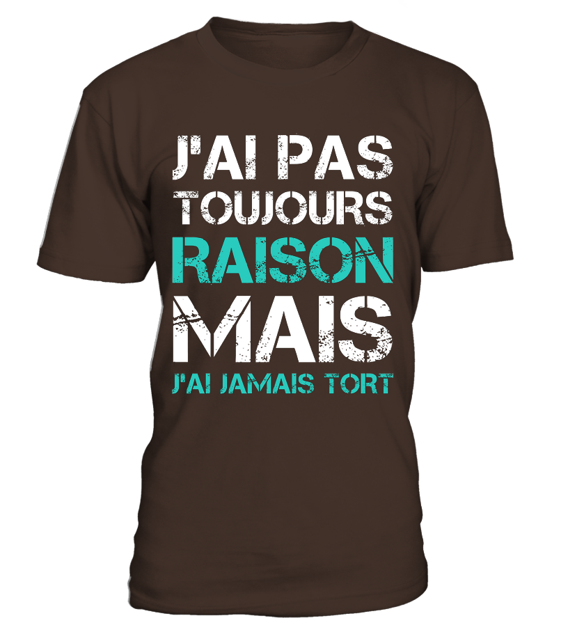 T-shirt humour J'ai jamais tort marron chocolat typographie blanche turquoise vintage urbaine homme femme cadeau