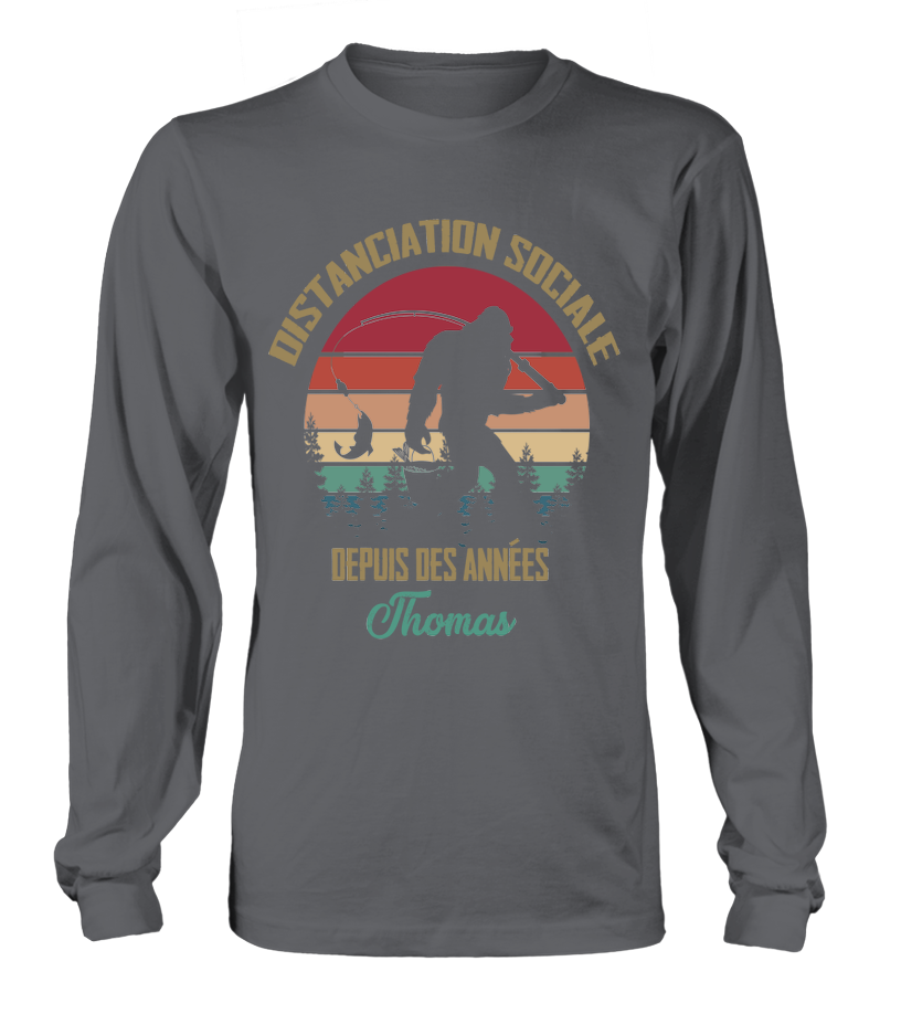 T-shirt gris foncé humour pêche vintage Distanciation sociale silhouette pêcheur coucher soleil prénom