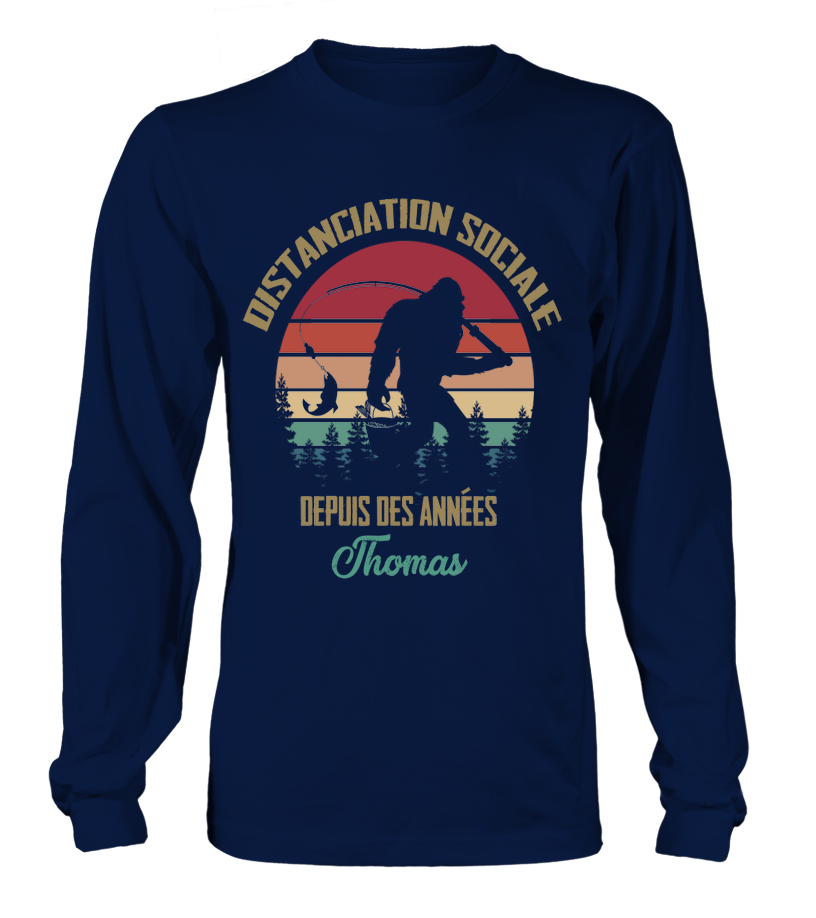 T-shirt manches longues humour pêche vintage Distanciation sociale silhouette pêcheur prénom personnalisé