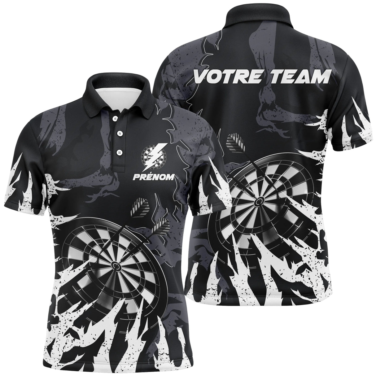 Polo fléchettes noir et blanc homme avec lion stylisé et cibles Impact, prénom et équipe personnalisés