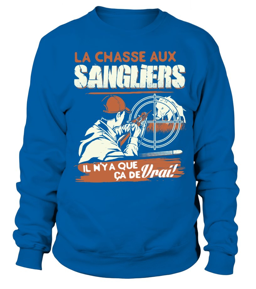 Sweat chasse sanglier homme bleu marine variante motif battue dominicale chasseur épaulant arme typographie