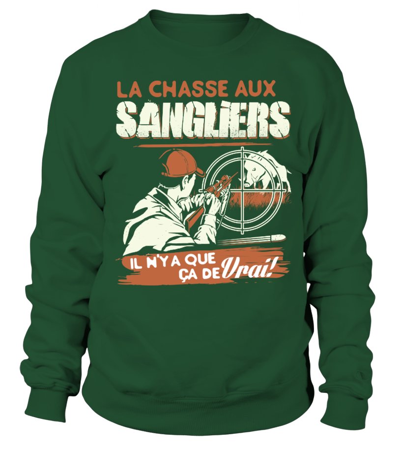 Sweat chasse sanglier homme vert kaki motif chasseur épaulant face au sanglier en course battue forestière