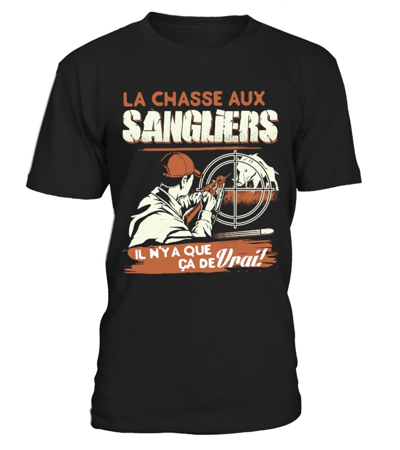 T-shirt chasse sanglier homme noir motif chasseur épaulant face au sanglier message Il n'y a que ça de vrai