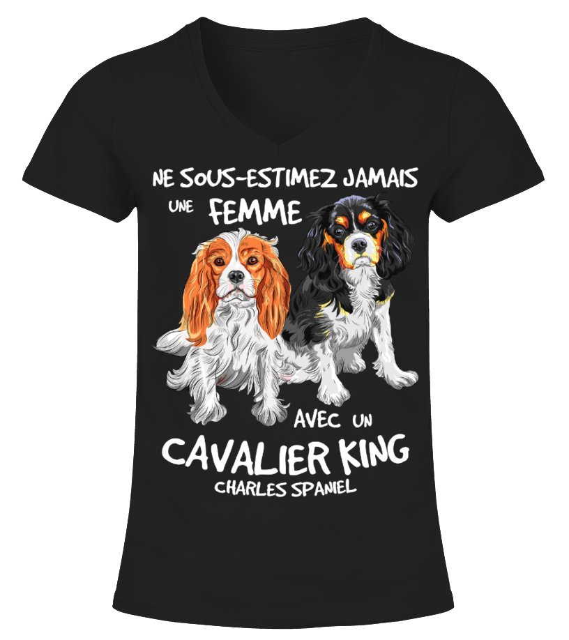 T-shirt spaniel cavalier femme noir motif deux Cavalier King Charles humour ne sous-estimez jamais cynophile
