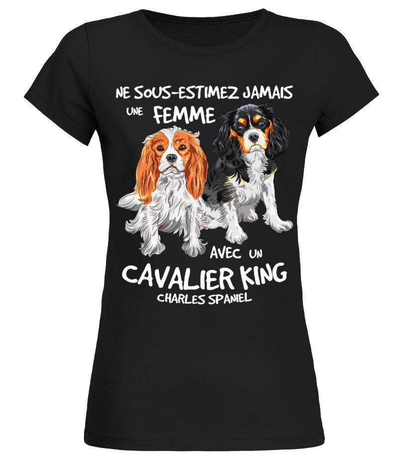 T-shirt Cavalier King Charles Spaniel femme noir motif spaniel blenheim et tricolore message humour cynophile