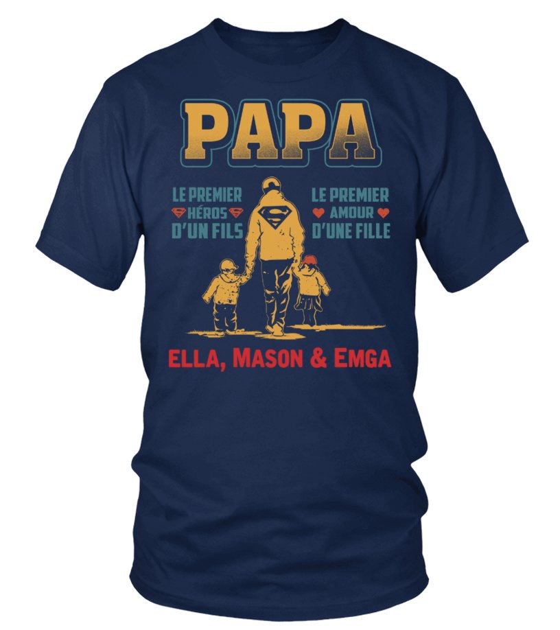 Tee-shirt papa bleu marine slogan Super Papa silhouette père enfants prénoms personnalisables vue avant