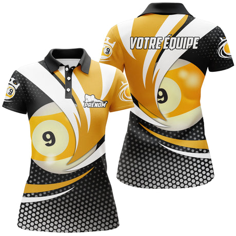Polo Billard Personnalisé avec Prénom et Nom d'Équipe | Motif Bille Billard Jeu de la 9 | Vêtements de Billard Uniques | CT01072310 Polo Femme