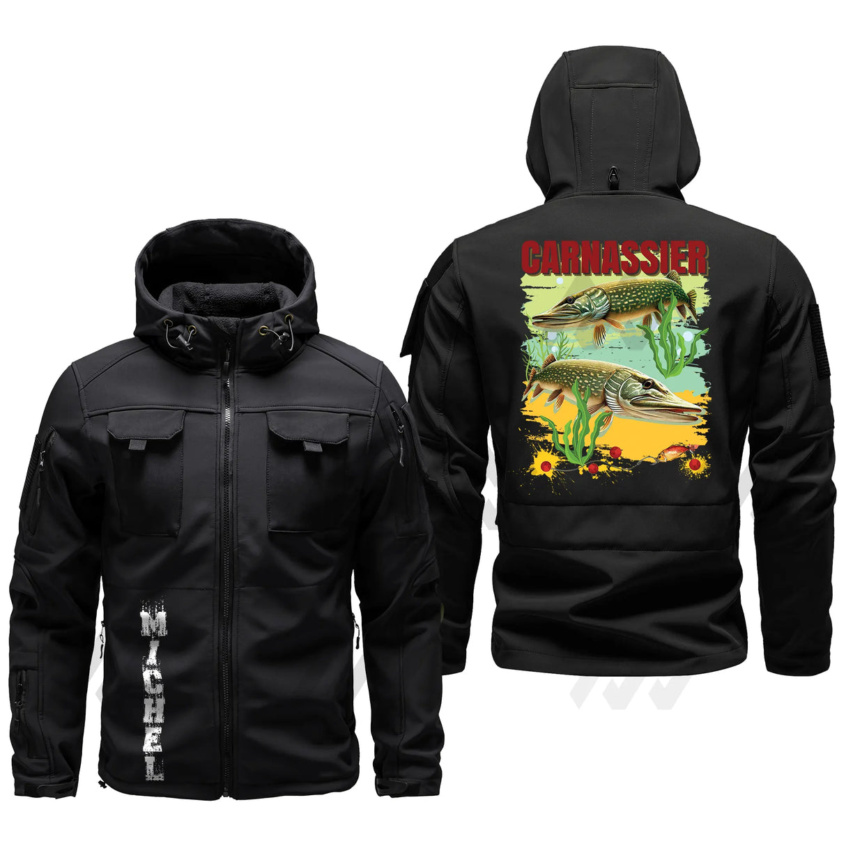 Veste softshell carnassier vue dos vert kaki design pêche brochet leurres détaillés sublimation