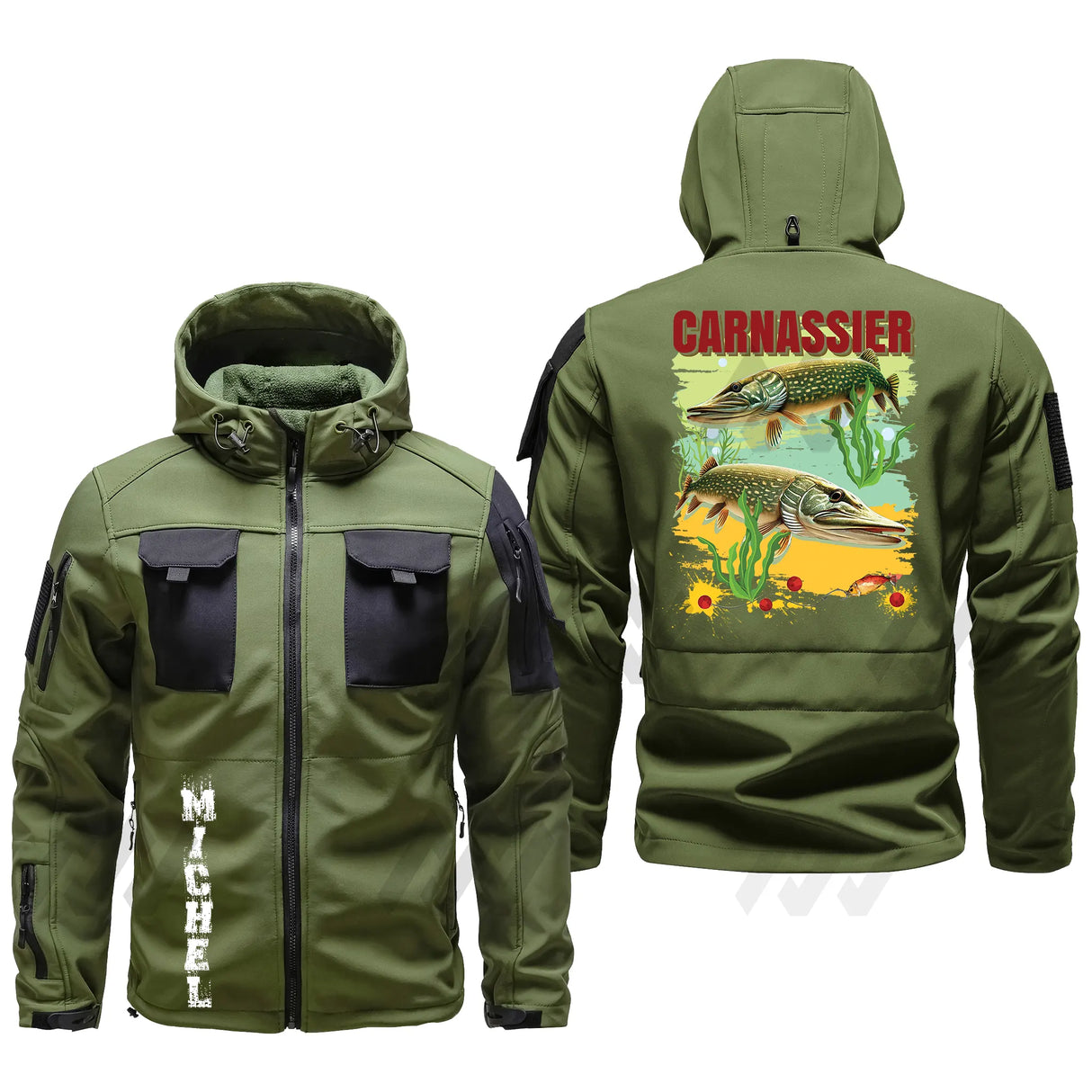 Veste softshell carnassier vert kaki capuche illustration brochet perche leurres CARNASSIER MICHEL manche