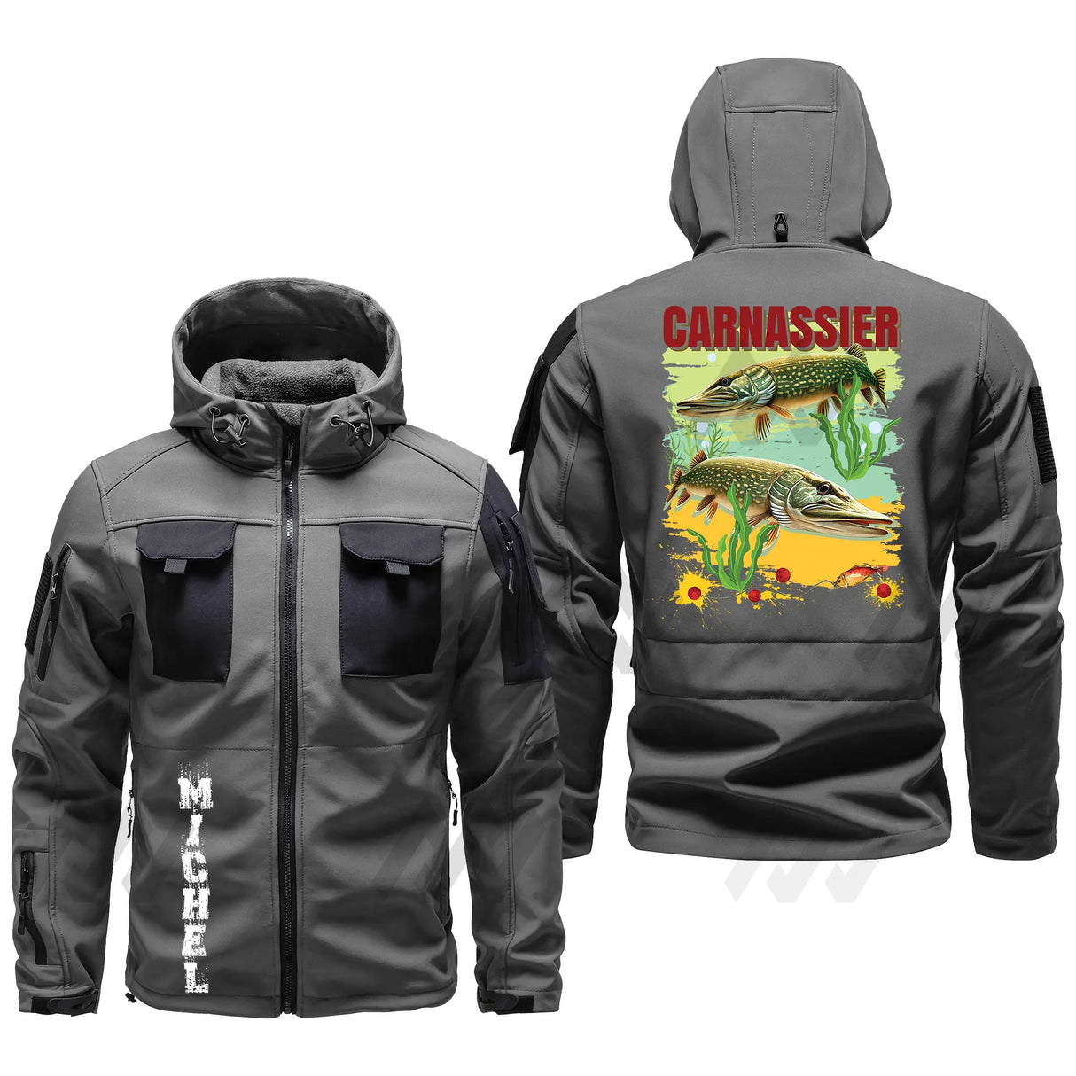 Veste softshell carnassier vue avant fermeture éclair vert kaki prénom personnalisé pêche eau douce