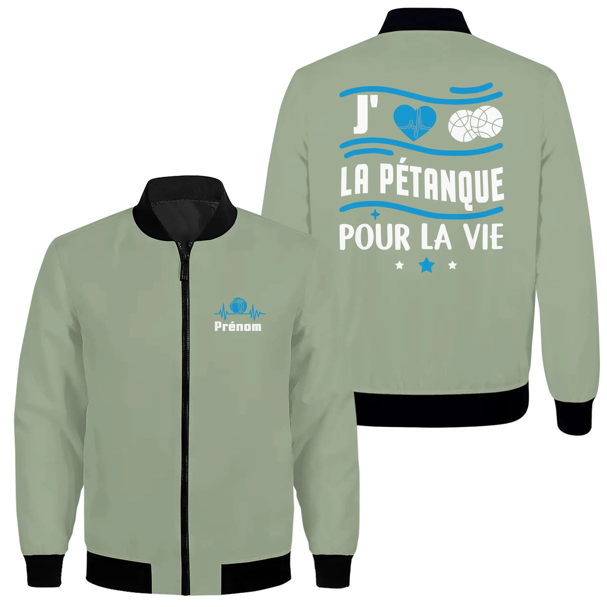Sweat capuche zippé sport pétanque vert sapin avec inscription J'aime la Pétanque pour la Vie