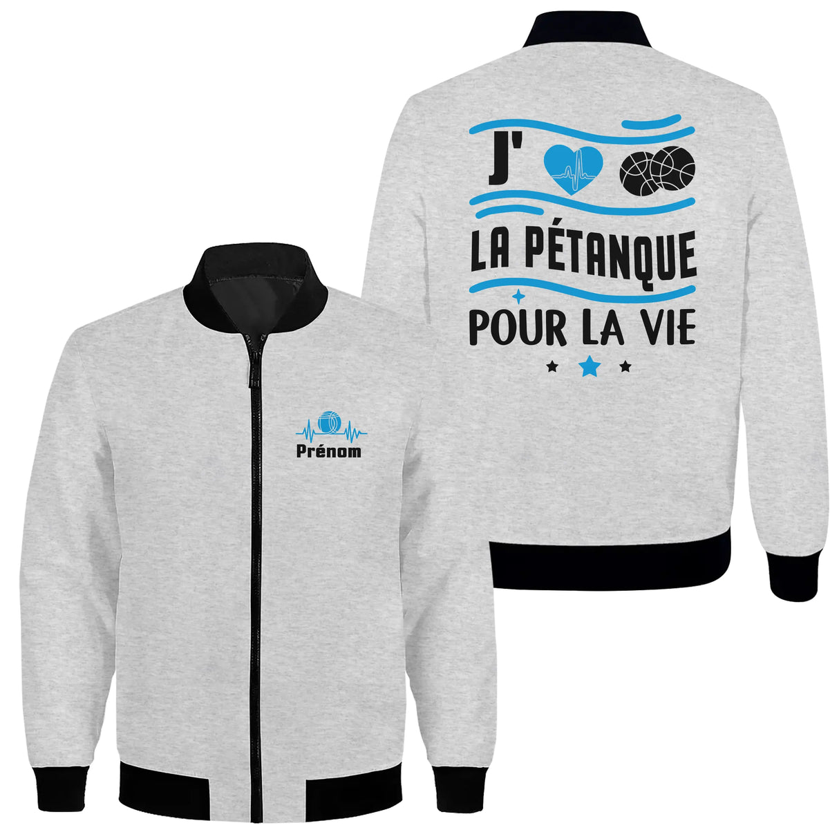Sweat capuche zippé sport pétanque gris anthracite avec design cœur boules et personnalisation prénom