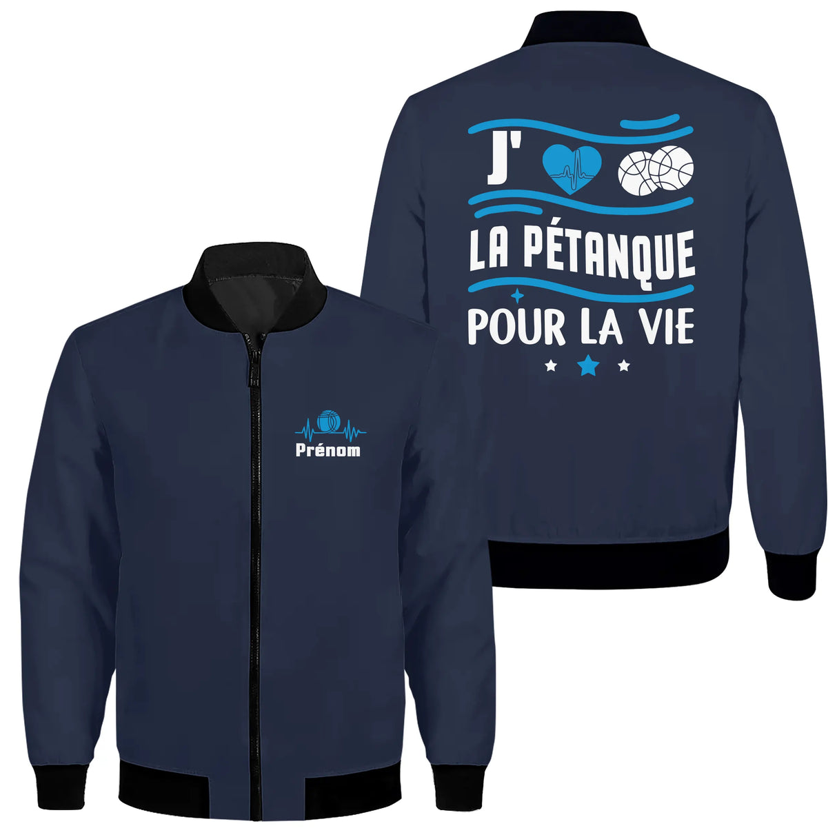 Sweat capuche zippé sport pétanque bleu marine avec slogan Pour la Vie et heartbeat personnalisable